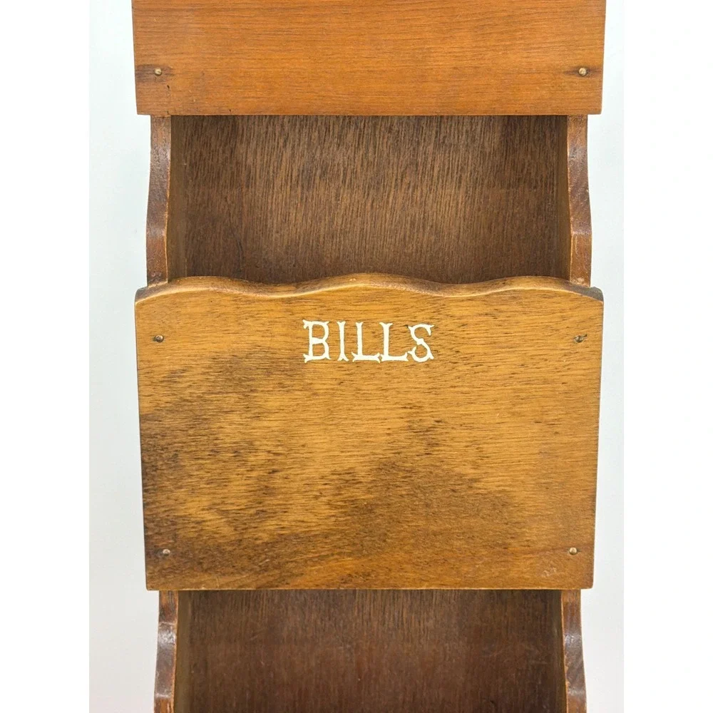 Vintage Wood Wall Letter Bill Organizer Key Holder Brass Eagle Americana MCM